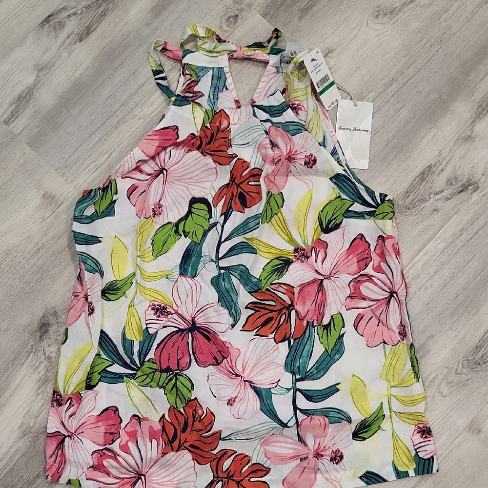Tommy Bahama Pink and Yellow Ruffled Tank Top